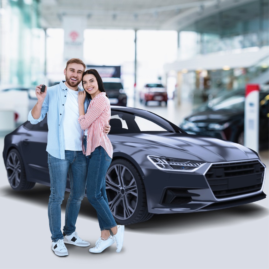 Man and woman in front of new car